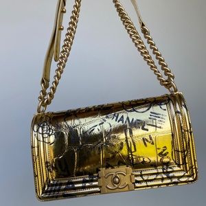 Auth crocodile embossed gold leather boybag